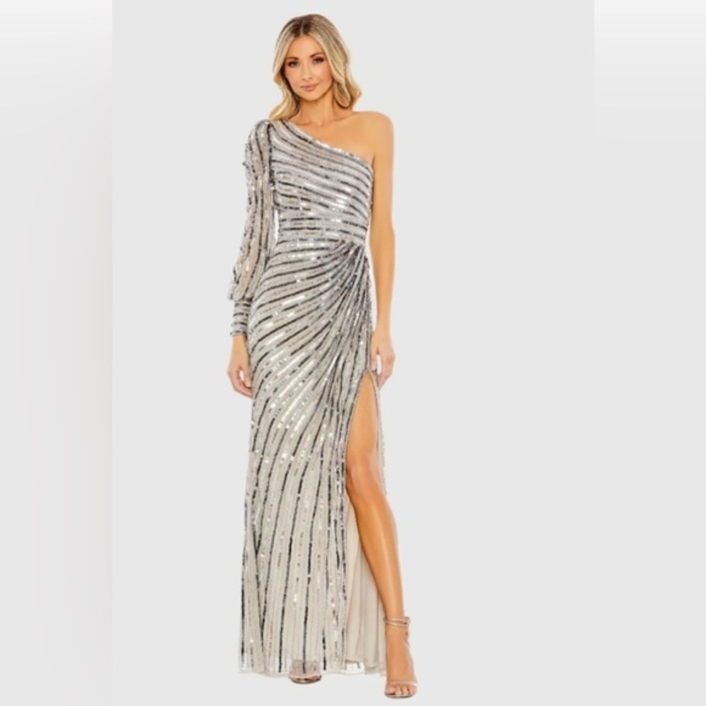 NWT | Mac Duggal 10793 Platinum Asymmetrical Shoulder Sequin Gown Size 2 - Picture 3 of 16